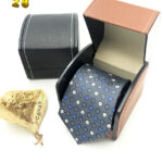 Cà vạt xám bi trắng xanh - Hộp da - 28